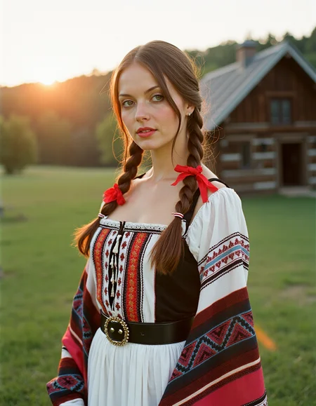 analog photography, shot by Kodak Duaflex II, ultra detailed, ultra quality, cinematic,  a mesmerizing woman with brown hair woven into an elegant braid, adorned with bright red ribbons, standing in a lush meadow. She wears a traditional Romanian blouse (ie) with intricate black and red embroidery, symbolizing fertility and protection. Her flowing white skirt features delicate floral lace along the hem, and a wide, beaded belt accentuates her waist. Over her shoulders, she drapes a vibrantly woven wool shawl with geometric patterns. Her gaze is soft and mysterious, her Slavic cheekbones illuminated by the golden sunset as she stands near a quaint wooden village.  <lora:Janacovaxhres-grm80vx:1>