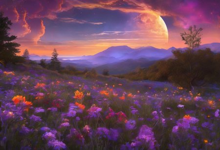 Expansive landscape photograph, (view from below with a view of the sky and the wilderness below),  standing in a flower field looking up, (full moon: 1.2), (shooting star: 0.9), (nebula: 1.3), distant mountain, tree break production art, (warm light source: 1.2), (firefly: 1.2), lamp, purple and orange, intricate detail, volume lighting BREAK (masterpiece: 1.2), (highest quality ), 4k, ultra-detailed,