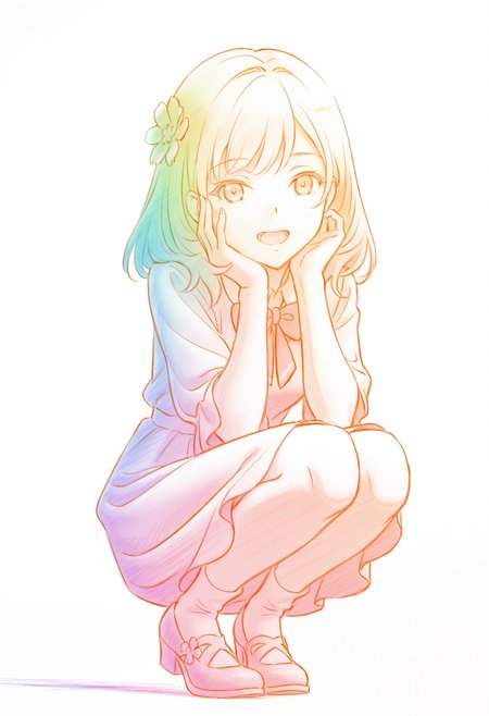 <lora:Colored pencils_illustrious-000098>,
<lora:Maria Mikhailovna Kujou (5):1>,
1girl,dress,smile,waving,
smile,looking at viewer,open mouth,upper body,hair flower,flower,bow,bowtie,
monochrome,simple_background,white_background,colorful,multicolored,squatting,socks,mary jane shoes,hand on face