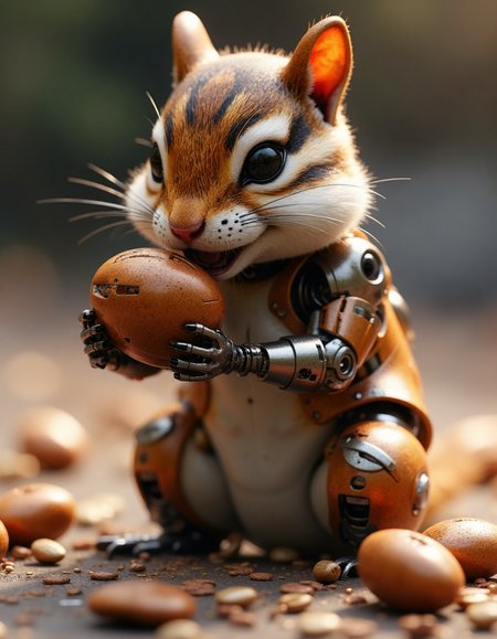 masterpiece, hyper realism, a high-resolution photograph, golden ratio, dutch angle, dynamic, side view, a_skynet_cyberdyne_systems_craft. a cute little robot chipmunk eating a nut,