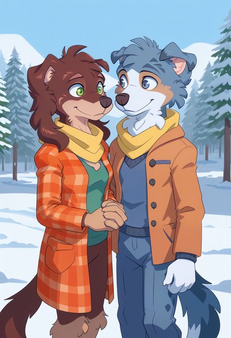 <lora:riley_(savestate)_v1_pny:0.8> <lora:kade_nicole_pny-15:0.7>  riley_(savestate), dog girl, 1girl, brown hair, animal ears, green eyes, tail, pants, scarf, tree, plaid, furry, winter coat, orange coat, blue coat, furry male, yellow scarf, outdoors, winter, snow , smile, holding hands, kade_(savestate), 1boy, blue fur, blue eyes, source_furry, score_9, score_8_up, score_7_up, score_6_up, score_5_up, score_4_up