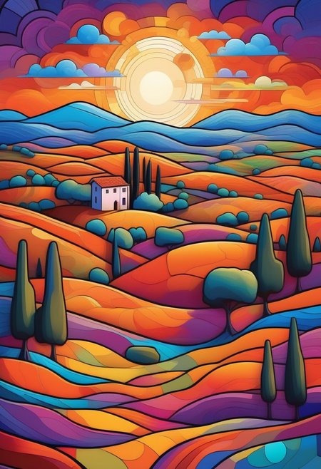 Rolling hills of Tuscany in a vibrant psychedelic style, with bold, surreal colors separated by sharp black lines, creating a stained-glass effect. A small village in the distance with terracotta rooftops and stone walls, stylized with vivid hues of purple, blue, and orange. Cypress trees and wildflowers rendered in exaggerated, kaleidoscopic patterns. Golden sunlight breaking through in fragmented beams, casting a dreamlike glow over the landscape. Highly detailed, surreal composition, inspired by psychedelic art and Italian countryside aesthetics, 8K resolution, vivid and trippy yet harmonious color palette, a mesmerizing and otherworldly mood.