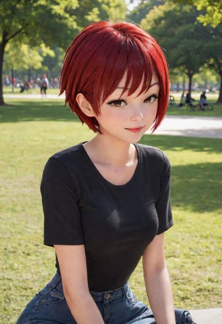 1girl,short hair,at the park,win red hair