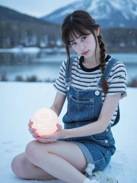 There are wonderful studio lights and various reflections,
18yo beautiful cute girl with blushing and female orgasm.skin naturally showing the texture of blood vessels and detailed pale skin,
--,
<lora:Nakajo_Ayami_f1:1>,she is Nakajo Ayami,
(Striped_tee:1.5),(Denim_overalls:1.4),(White_sneakers:1.3), A magical winter forest with sparkling snowflakes  falling from the sky. A frozen lake beneath a lonely mountain with a snow summit. A gorgeous female (most beautiful girl in the world) with brown hair falling down her shoulders in a braid, she is sitting on her knees holding a magical glowing frost orb elevating slightly above her hands.she with a slit revealing her legs. she has big beautiful eyes with a light blue eye color and a light smile on her face. Her skin is an ethereal pale, almost translucent with a bluish hue, as if it has never felt warmth. The cold, frosty light casts soft shadows on her sharp, angular features, accentuating her high cheekbones and delicate jawline.Her makeup is subtle yet striking, with a frosty silver-blue eyeshadow that blends into her pale skin, drawing attention to her piercing ice-blue eyes. These eyes are sharp and full of wisdom, glowing softly with a mysterious, magical light. Long, thick eyelashes are dusted with a faint shimmer of frost, and her lips are a cool shade of frostbite blue, giving her an otherworldly, cold beauty.fantasy art style, perfect lighting, beautiful colors, 3D portrait, (8k resolution), artwork.,,#GXTå°éªæ°´æ¶ç
