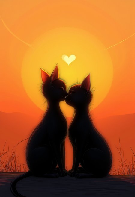 Beneath a romantic, hazy orange sunset, two feline souls intimately embrace one another in a simple yet profound moment of connection. The scene unfolds across an elegant canvas of subtle white hues, juxtaposed by stark black silhouettes that frame their heartwarming union. Inspired by the impressionistic movement, soft brushstrokes blend harmoniously to create ethereal gradients of color that capture the essence of love in the air. As viewers behold this tender embrace bathed in the golden glow of twilight, they too may feel the warmth and magic of an inviting, cheerful Valentine's Day moment. ,<lora:flux/fav/we-neon.safetensors:1.0:1.0>