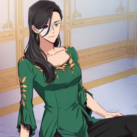 solo, 1girl, long sleeves, green eyes, green dress, black pants, earrings, breast,  Acelabenkan, black hair, eyepatch,