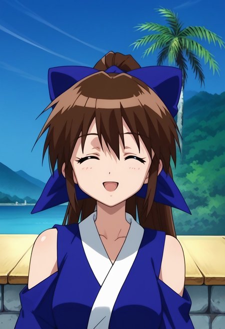 score_9, score_8_up, score_7_up, source_anime, highly detailed, 
suzuaira, 1girl, solo, brown hair, long hair, ponytail, closed eyes, bow, hair bow, blue bow, japanese clothes, shirt, blue shirt, short sleeves, bare shoulders,
outdoor, island, palms, sky, upper body, smile, open mouth,