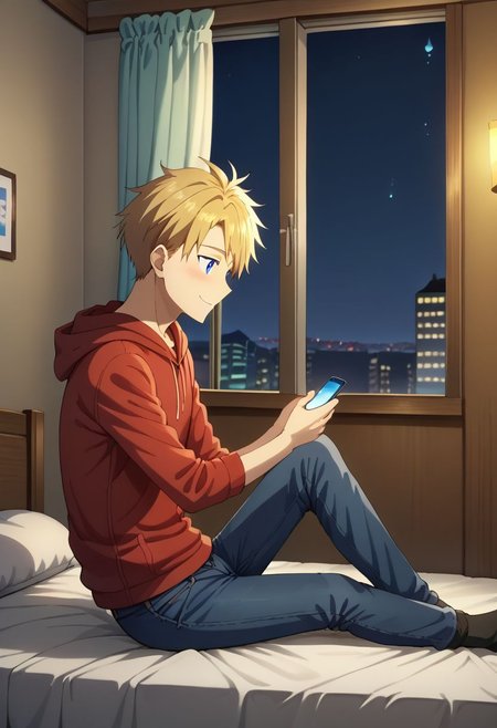 1boy, solo, anime, male focus, Yamato Ishida, blonde hair, blue eyes, red hoodie, jeans, socks, holding smartphone, sit, looking down, gente smile, blush, open eyes, side view,
indoor, bed, night,