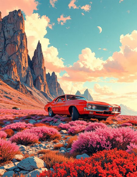 A vibrant surreal landscape featuring a classic red retro car parked on a colorful hillside covered with lush pink and red wildflowers. The sky is a dreamy mix of soft pastel blues, pinks, and oranges, filled with fluffy, scattered clouds. In the distance, sharp rocky cliffs rise dramatically, adding contrast to the smooth curves of the car. A distant planet or moon is visible in the bright sky, enhancing the otherworldly atmosphere. The scene is bathed in warm, golden sunlight, creating a magical, ethereal vibe. Highly detailed, cinematic lighting, dreamy and surreal aesthetic with vivid colors