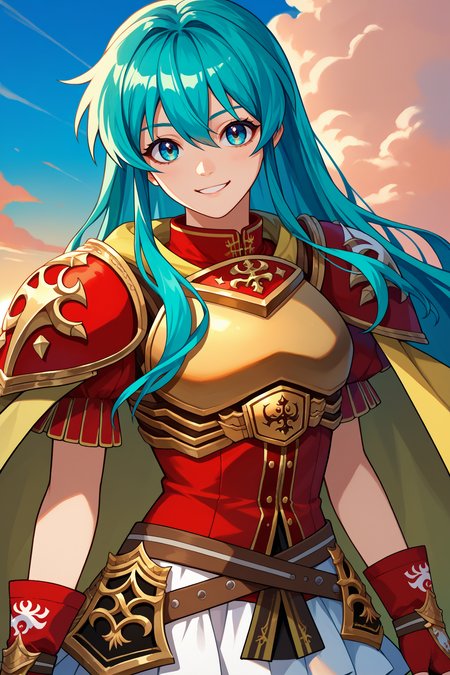 score_9, score_8_up, score_7_up, score_6_up, source_anime, 1girl, solo  <lora:defeirika-pdxl-nvwls-v1-000005:1> defEir, cyan hair, long hair, hair between eyes, red shirt, gold trim, gold-trimmed armor, yellow cape, red gloves, fingerless gloves, brown straps, white skirt, looking at you, smile, happy, blue sky, clouds, sunset, upper body