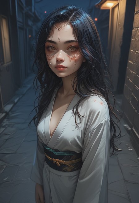 score_9, score_8_up, score_7_up, score_6_up, 1girl, solo, medium breasts, long hair, attractive, symmetrical face, soft structured facial features, (bruises and scratches:0.8), night, alleyway, dark, (egyptian:0.6), (brazilian:0.6), from above,  kimono, th3rm4l, colorful, thermal