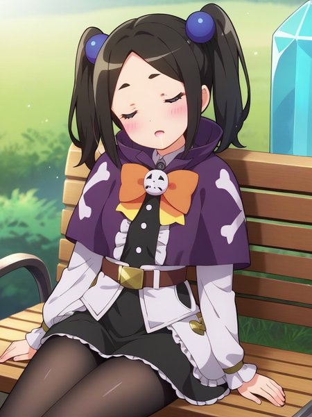 magic staff laying nearby, sitting on bench, sleeping, closed eyes, saliva drip, saliva, blush, head tilt, from front,
 <lora:Tokishikko_Pony:0.6> Tokishikko_Dana, blue_eyes, black_hair, long_hair, twintails, parted_bangs, small_breasts, hair bobbles, purple_capelet, black_dress, frills, black_pantyhose, belt, long_sleeves, orange_bow,, masterpiece,best quality, highly detailed, score_9, score_8_up, score_7_up, score_6_up,source_Anime,