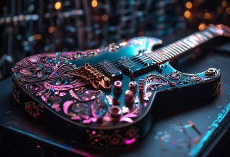 RAW photo of a very detailed reflective guitar with whimsical elements, completely dark studio, magical glowing podium, the rom is dark, only light of source is the guitar, cyan and pink neon, complimentary colors, reflective enviroment, spot lights, fantasy style, 90% black and 10% gold colors, big white diamonds on the guitar, strong depth of field, darkness, dramatic light, dusty black theme, intricate details, ultra sharp, exquisite detail, flawless composition, vivid colors, masterpiece, exciting background,  timeless elegant and Exquisite Copper Ornaments
