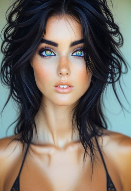 cute girl with large iridescent bright colorful eyes , intense gaze, toned torso and super thick dark black eyeliner and mascara. long hair down to shoulders, cute, dimples, slight smile, Exquisitely detailed close
