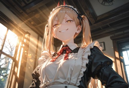 ((low angle,smug,grin:1.5))

1 girl,Power_(Chainsaw_Man),red horn,(cross shaped pupils:1.4),(golden and red iris:1.4),jagged teeth, 

(Maid outfit,maid headband, twintails:1.5),(bedroom:1.5),(sunlight from window:1.5)

(Bokeh around character:1.2),(dynamic pose),((foreshortening:1.5)),((extreme perspective:1.4)),((negative space:1.5)),((dynamic angle:1.5))

748cmstyle,Smooth_Quality,amazing quality, ((aesthetic:1.3)),((4k,8k,Ultra HD)),((Masterpiece :1.2)),((Best quality :1.2)),((Detailed :1.5)),((Detailed background :1.5))