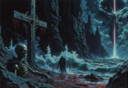 A desolate and eerie seashore stretches into infinity, its jagged rocks rising like the jagged teeth of an ancient beast. The bloodstained ocean churns violently, its waves glistening with iridescent ichor that catches faint hues of red and cyan, glowing faintly beneath an ominous, cloud-choked sky. Ghostly silhouettes drift just above the crashing waves, their forms transparent and flickering, illuminated by an eternal glow emanating from a solitary, weathered giant cross rising from the shore, its surface corroded and dripping with spectral energy sparks. Skeletons, half-buried in the sand, reach out with bony fingers, their remains stained with the essence of the ocean’s horrors. The water ripples unnaturally, reflecting shards of light particles that dance across the surface, shimmering as though alive. The scene is shrouded in deep shadows, the faint glimmers of color amplifying the unsettling beauty of the moment. The haunting air is filled with a melancholic wail carried by the wind, as if mourning the countless souls claimed by this cursed shore. It is a place where reality and the otherworldly collide, a terrifying yet mesmerizing vision of fantasy and cosmic dread, evoking a fascination that is both beautiful and deeply disturbing.best quality,professional, highly detailed,awe-inspiring,high contrast,