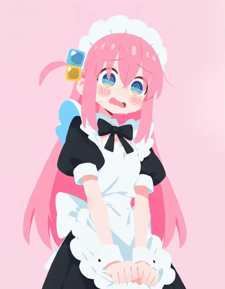 very awa,  <lora:haiz_ai_illu:1.0>, haiz_ai,  1girl, gotoh hitori, bocchi the rock!,  flustered, awkward, maid, alternate costume,  pastel colors,  light pink background, no lineart, no outline, flat color,  masterpiece, [best quality:0.25], newest, absurdres, very aesthetic, best quality, year 2024, newest,