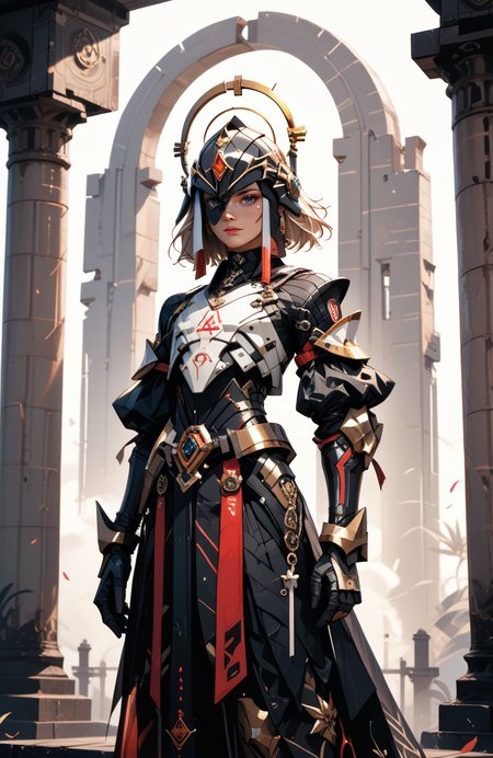 score_9, score_8_up, score_7_up, score_6_up,
cinematic film still, A highly detailed, stylized figure with an androgynous form, standing in a dynamic, forward-leaning pose. Clad in intricate white and black armor, both elegant and menacing, the segmented plates have sharp, angular edges and an organic, bone-metal texture. A sleek, black helmet crowned by a golden halo gives the figure an otherworldly, angelic presence. set against ancient temple with pillars, the color palette contrasts white, black, and gold. The figureâs raised right hand reveals sharp black claws, exuding power and an ethereal mix of fantasy and sci-fi, shallow depth of field, vignette, highly detailed, moody, epic, gorgeous, film grain, grainy,
<lora:Dystopian Anime_epoch_15:1>,