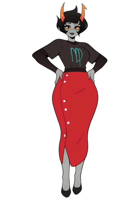 best quality, amazing quality, very aesthetic, absurdres,
1girl, kanaya, black eyes, yellow sclera, black hair, short hair, horns, black lipstick,
grey skin, black shirt, red skirt, black shoes,
standing, hands on hips, full body,
smile, solo, looking at viewer, (simple background, white background:1.3),    <lora:KanayaMaryamNoobXL_byKonan:1>