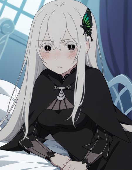 score_9, score_8_up, score_7_up, source_anime, <lora:rezero-echidna-s2-ponyxl-lora-nochekaiser:1>, echidna, colored eyelashes, white hair, hair between eyes, long hair, straight hair, black eyes, medium breasts,, black capelet, black dress, butterfly hair ornament, capelet, dress, hair ornament,, indoors, bed, bed room, on side, blush, drunk, looking at viewer, solo,, cowboy shot, dutch angle