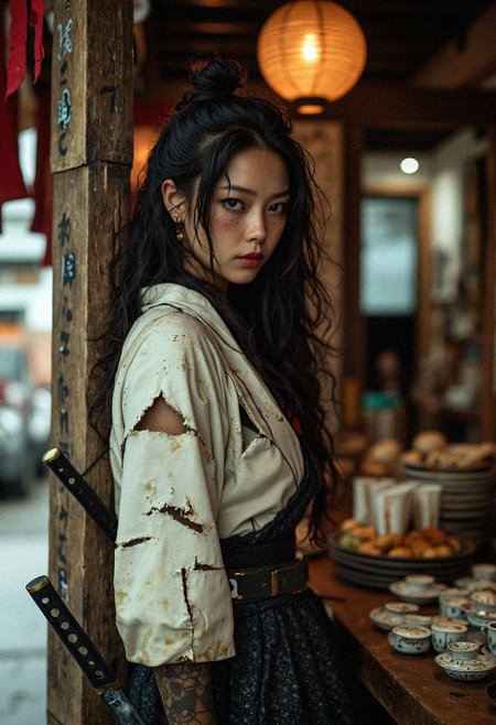 A detailed portrait shot of the samurai leaning against a wooden post of a market stall, her face partially illuminated by a dim paper lantern hanging above. Her torn white kimono reveals the texture of the black mesh garment underneath, with splatters of mud and faint cuts along her sleeves. Her piercing eyes gaze off-camera, their intensity heightened by the dark war paint across her face. The wooden texture of the stall and hanging red banners behind her contrast with the smooth sheen of her katana, which rests at her side. The distant sound of chatter and clinking porcelain is implied by the subtle details of tea cups and market goods in the background.
 <lora:Hollywood_Cinematic_Film_style_v1:0.3> <lora:MoriiMee_Gothic_Niji_Style_FLUX:0.7000000000000001>