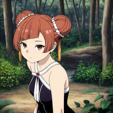 <lora:FBJE_LaufenXLIllustrious008>,
masterpiece,best quality,good quality,newest,
detailed background,nature,
looking at viewer,
solo,
Laufen,1girl,brown hair,short hair,double bun,brown eyes,yellow hairornament,
black dress,bare shoulders,
upper body,
standing,