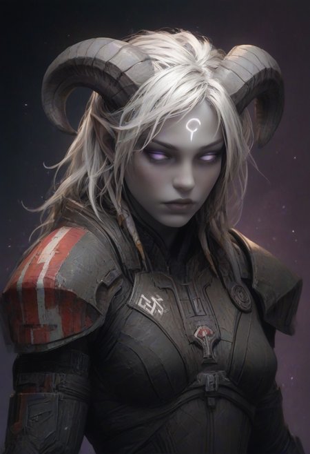 (absurdres, best quality, masterpiece:1.4), score_9, score_8_up, score_7_up, score_6_up, detailed, detailed body, detailed face, world of warcraft, fantasy, <lora:add-detail-xl:1.5>, 
fFaceDetail, SkinDetail, fFaceDetail, (female, draenei, h0rns, ram horns, white horns, tall, pale white skin, long white hair, purple eyes, no pupils, no sclera),
n7 armor, 
alone, upper body, 
fantasy village background,