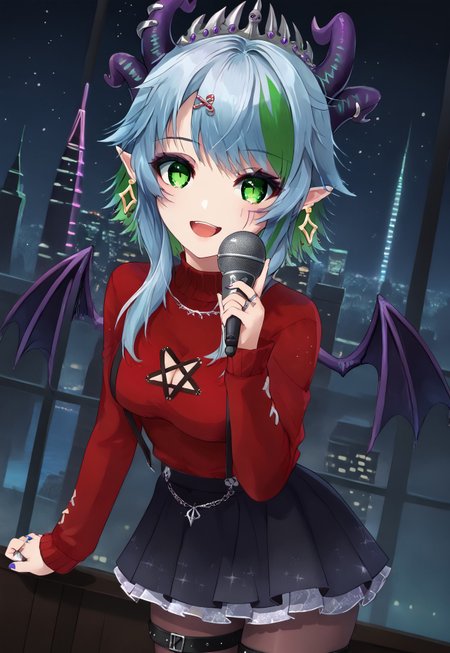 safe_pos, 1girl, solo, solo focus, highres, absurdres, FrootWinter, green hair, multicolored hair, pointy ears, green eyes, multiple horns, demon horns, bangs, short hair with long locks, earrings, streaked hair, blue hair, hair ornament,

demon wings, red sweater, cleavage cutout, clothing cutout, cleavage, black skirt, pantyhose, thigh strap, ring,
 
looking at viewer, smile, open mouth, singing, head tilt, hand up, holding microphone, dutch angle,
 
cityscape, neon lights, night, night sky, dark,