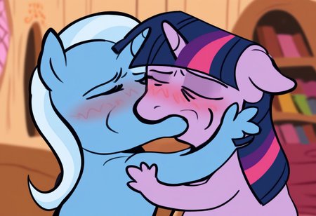 score_9, score_8_up, 4RCH0N, JustWatchStyle, Twilight Sparkle_(mlp), Trixie_(mlp), duo, multiple_girls, Purple Skin, Purple Eyes, light purple eyes, mikus-concept, hugging pose, kiss, closed eyes, duo, 2people, holding each other, half-closed_eyes, standing, indoors, golden_oak_library, upper_body,  blush, looking_at_another, annoyed_face, blurry,