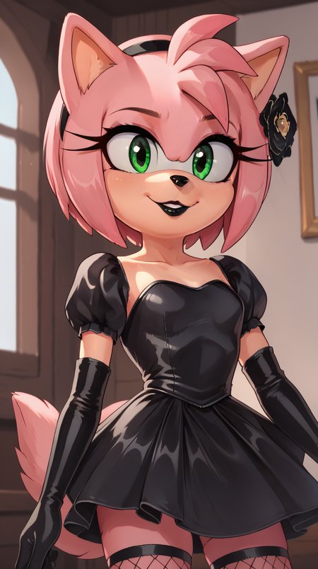 indoors,bedroom
headshot,smile,parted lips,happy
black t-shirt
<lora:Princess_Peach_Shiny_Style_V2:0.8>,<lora:AmyBlackRose_v03_PDXL:0.9>,AmyBlackRose,1girl,solo,furry female,short hair,pink hair,hairband,bangs,hair ornament,hair flower,black hairband,sidelocks,green eyes,makeup,long eyelashes,black lipstick,animal nose,animal ears,body fur,pink fur,fishnet thighhighs,black gloves,elbow gloves,black dress,strapless dress,full body,âââ
