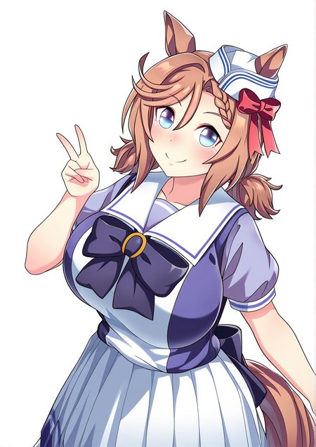 <lora:KiToSan:1>,1girl, venus park \(umamusume\), huge breasts, wide hips, umamusume, alternate costume, animal ears, blue eyes, breasts, closed mouth, dixie cup hat, hair between eyes, hair ornament, hat, horse ears, horse girl, horse tail, light brown hair, looking at viewer, medium hair, military hat, ribbon, school uniform, short twintails, smile, solo, tail, tracen school uniform, twintails, v,
animated, dynamic angle,very awa, masterpiece, best quality, highres, absurdes,amazing quality,very aesthetic,intricate details,