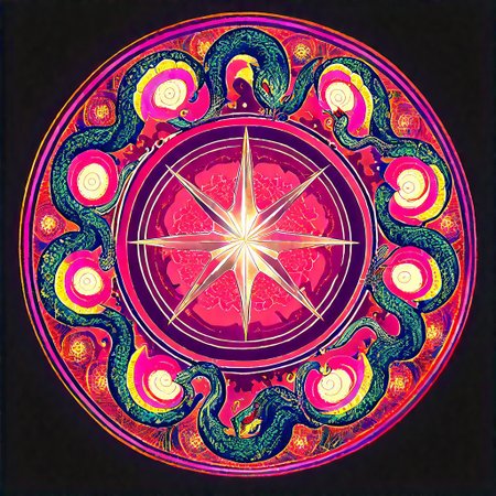score_9, score_8_up, score_7_up, colored Mandala style, medium stylized pattern, (deep_purple base, black, red, and gold details), (glowing_golden_elements:1.2), Seviper, serpentine, vertical_figure_eight_pattern, intricate_design, symmetrical, traditional_mandala, luminous, mystical, highly_detailed, geometric_patterns, harmonious_composition, masterpiece, balanced,  artistic, reverence, best quality, absurdres, highly detailed,
