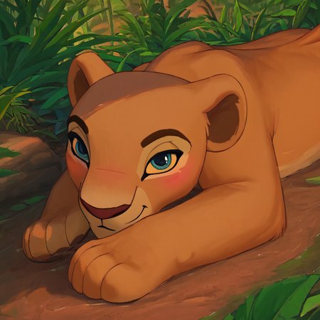 zPDXL, score_9_up, score_8_up,_7_up, score_6_up, score_5_up, score_4_up ,source_furry, best quality, amazing quality, masterpiece, 1girl, looking at viewer, solo, lying on the ground, pawpads, cute, blush, cute smile, cute pose, close, out doors, savanna, jungle, leafs, water, nala, lioness, brown-cream fur, teal eyes, lion tail, <lora:Nala:0.8>, pixelsketcher, <lora:pixelsketcher:1>, Expressiveh, good_hands, <lora:Expressive_H:0.8>, <lora:Detail_Slider_v1.4_iteration_3:4>, <lora:pony_good_hands:0.8>