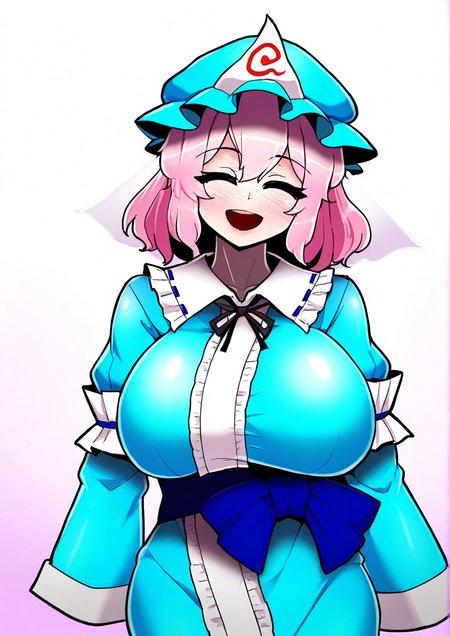 <lora:NIKROP:1>,1girl, saigyouji yuyuko, huge breasts, wide hips, :d, blue bow, blue headwear, blue kimono, blush, bow, closed eyes, facing viewer, frills, hat, japanese clothes, kimono, mob cap, open mouth, pink hair, sash, short hair, sleeve garter, smile, solo, triangular headpiece, upper body, 
masterpiece, best quality, highres, absurdes,amazing quality