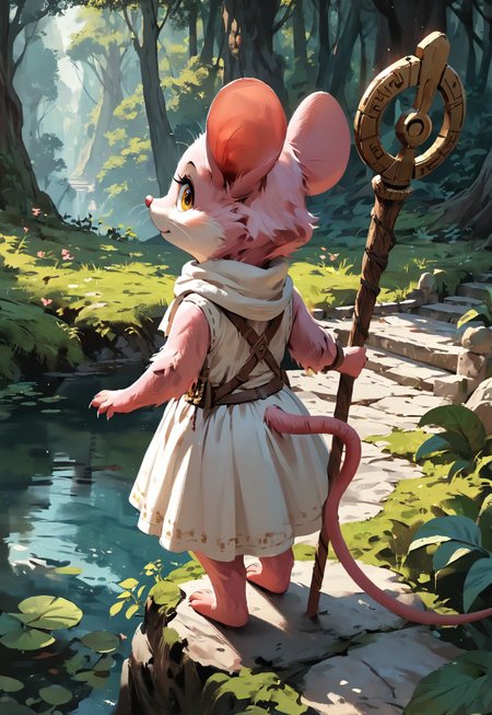 masterpiece, best quality, score_9, score_8_up, score_7_up, embedding:urn:air:pony:embedding:civitai:332646@509253, detailed background, concept art, realistic, (solo), furry mouse girl, back turned to viewer, holding magical staff, (head turned from viewer), mouse tail, from behind, (looking at background), cute, yellow eyes, white scarf:1.2, fluffy, (ancient forest background), white dress, pink fur, bottomless, holding giant staff, ornate magical staff, standing, from above, from side, mossy branch, tree
