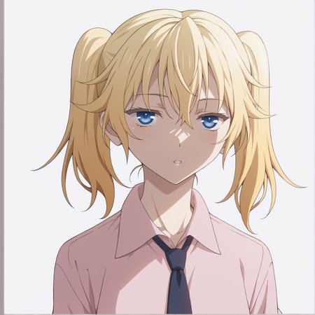 score_9, score_8_up, score_7_up, highres, hi res, best quality, masterpiece, 2d, intricate details, 4k, anime coloring, 
1girl, solo, female, short hair, blue eyes, blonde hair, twintails, hair between eyes, sidelocks, 
shirt, skirt, school uniform, pleated skirt, necktie, miniskirt, black necktie, sleeves rolled up, pink shirt
upper body, looking at viewer, white background, <lora:Anastasia1024_Pony:1>, nasuhara anastasia, onii-chan dakedo ai sae areba kankeinai yo ne,