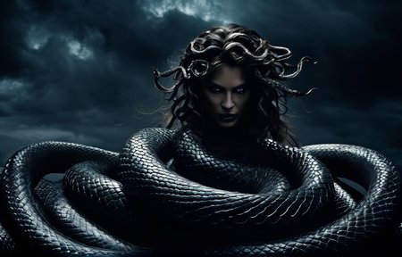 cinematic photo A ((ominous creature)) prowls through the shadows, revealing glimpses of snakes and scales,((Medusa's presence)) is felt, a ((terrifying figure)) of legends, cursed with a gaze that turns flesh to stone, (mysterious:1.3), ultra-realistic mix fantasy, solo,dark clouds, (lovecraftien horror:1.1), (thunder:1.1), gloomy, disturbing, indescribable terror, (heavy fog:1.1), shadow, dark night, texture, masterpiece, great art, high quality, best quality, highly detailed, 8k, wide shot, panorama, (Bottom view:1.1),  Abyss Energy, dehazed, (masterpiece,best quality:1.5) . 35mm photograph, film, bokeh, professional, 4k, highly detailed