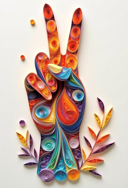 paper quilling artwork, a Hand Shows the peace Symbol, Layered Paper