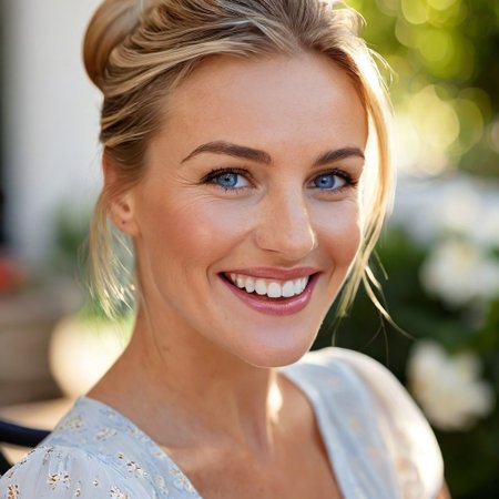 "A hyper-detailed, high-resolution (8K) close-up portrait of a 40-year-old woman with sleek blonde hair tied back in a soft bun, wearing a light, airy white blouse. Her striking blue eyes gleam with happiness, framed by delicate laugh lines that enhance her natural charm. The background is intentionally blurred, suggesting a lush garden terrace brunch—sun-dappled foliage, a wrought-iron table, and scattered morning light filtering through leaves. Shot with a Hasselblad H6D-100c medium-format camera, using a tight crop and a shallow depth of field (f/2.8) to emphasize the interplay of light on her skin and the fine strands of her hair. The lighting is natural yet sculpted, inspired by Annie Leibovitz’s ability to blend realism with ethereal beauty."