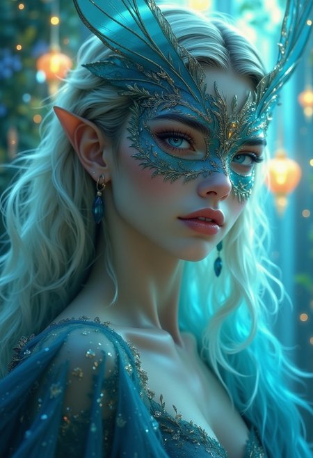 A close-up portrait of an ethereal figure in a fantasy-inspired outfit with a flowing gown or cloak and a mask resembling delicate butterfly wings. The setting is a magical, enchanted ballroom with floating lights and whimsical decorations.
