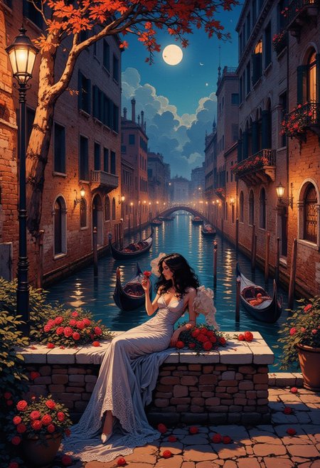 Midnight in a Venetian Courtyard
"Under the soft glow of the midnight sky, a woman with dark wavy hair lounges on a marble bench in a Venetian courtyard. She wears a pastel silver-grey dress with intricate lace detailing, shimmering under the moonlight. The quiet canal reflects the twinkling lights of old stone buildings, and a gondola drifts lazily in the distance. A wrought iron lantern casts flickering shadows on the cobbled path, creating a scene of quiet elegance. The air is filled with the distant echoes of a violin, adding to the enchanting atmosphere of the night."