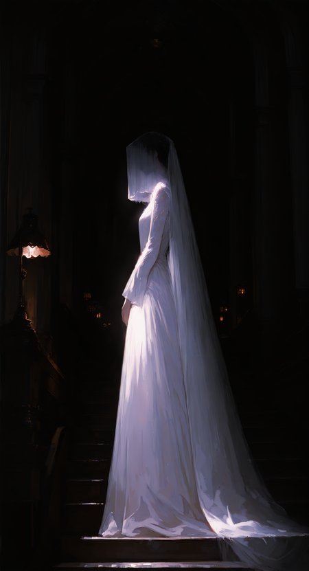 masterpiece, best quality, good quality, very aesthetic, absurdres, newest, 1girl, solo, long hair, black hair, long sleeves, Wedding Dress, standing, indoors, white dress,see-through, from side, feet out of frame, veil, stairs, long dress, lamp, dark, covered face, Full body, <lora:ponyv5_noobV065S_1_adamW-000013:0.7> <lora:USNR_STYLE_XL_lokr:0.6> <lora:EtherSDXL:0.15> <lora:748cmSDXL:0.4>