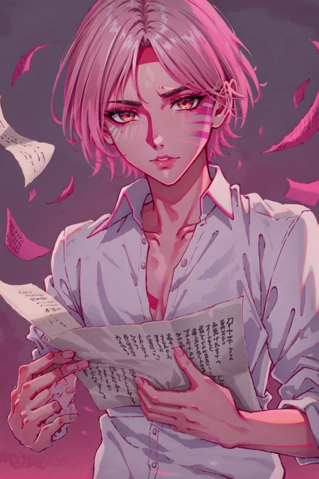 <lora:Technoblade_Avatar:.7>  (masterpiece, best illustration), 1boy, solo, male focus, brown eyes, pink and blonde hair, looking at viewer, shirt, colored skin,  tusks from bottom lip, red and pink gradient face paint, dripping pink face paint, shiny skin, glittery skin,throwing papers around, papers flying, depth of field, sci fi background, extreme light and shadow, rim lighting,