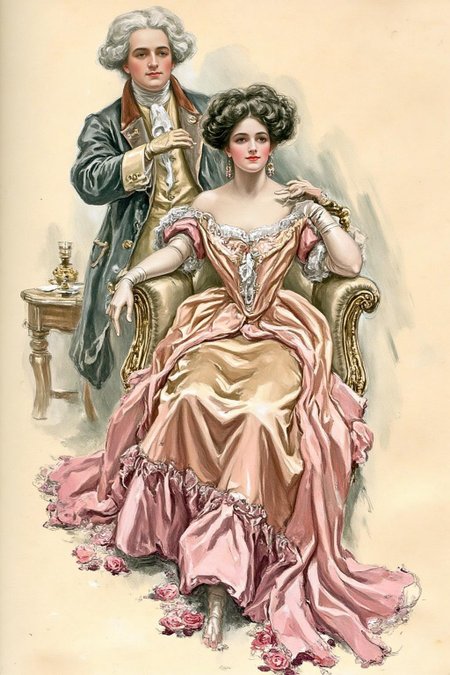 hafisher1 illustration. 
An elegant, historical scene. The artwork depicts a woman and a man in 18th-century attire, evoking the Rococo style. The woman, seated on a plush, ornate chair with intricate carvings, wears an elaborate, flowing gown in shades of pale pink and cream with intricate lace and ruffles. The man wears a powdered wig.
 <lora:hafisher1_cap_d6a3e12:1.0><lora:829873795964694097:0>