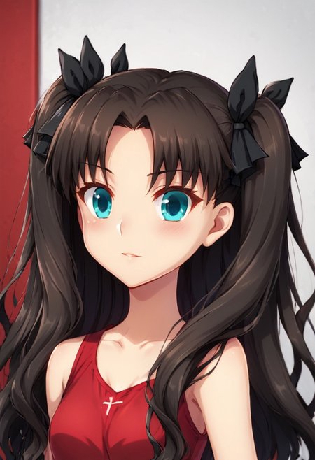 ((fate Tohsaka Rin, aqua eyes, long wavy black hair, two-side-up hairstyle, twin tails tied with black ribbons, red tank top, black pleated miniskirt, Jedrnto, brown hair, blue eyes, black hair ribbons, red shirt, black skirt, black stockings)),
(((headshot, headshot only, face only)))