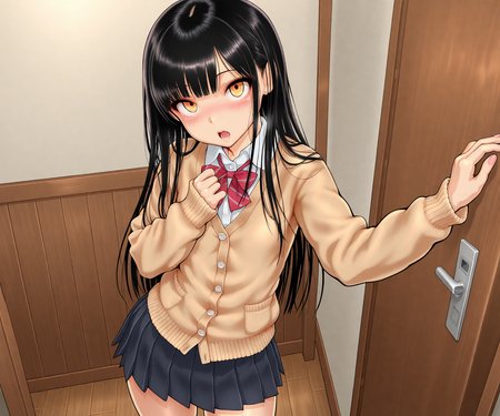 masterpiece, best quality, amazing quality, sfw, 1girl, solo, looking at viewer, shirt, , pleated skirt, cardigan,   open mouth,  <lora:Dokiyuri style ILL-v2:1> dokiyuristyle
