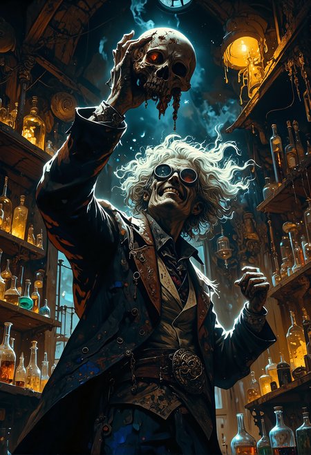 A side view of a mad alchemist with wild goggles and a manic grin etched onto his face, holding a rotten human skull dramatically before him in the air as if in a moment of revelation. The scene is illuminated by striking, cinematic lighting, casting deep shadows that highlight his chaotic energy. The background reveals a dimly lit wooden alchemistâs workshop, cluttered with shelves of glass vials, glowing liquids, and mysterious apparatuses. The atmosphere is dark and foreboding, with a touch of epic glorification, as though capturing the apex of his mad genius. backlit. <lora:Dever_Flux_Enhancer.safetensors:0.5>,  <lora:Elden_Ring_-_Yoshitaka_Amano.safetensors:1.0>,  <lora:boFLUX digital-abyss.safetensors:0.3>,  <lora:boFLUX AbstractMorph.safetensors:1.0>,  <lora:RM_Artistify_v1.0M.safetensors:0.7>,