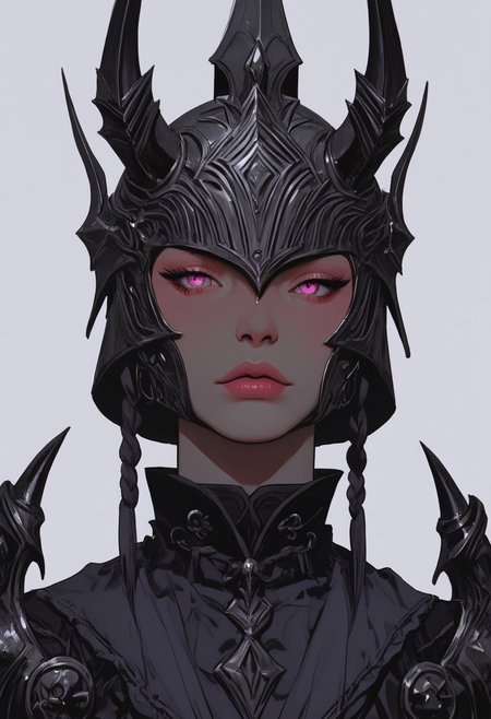 in the style of Yoann Lossel, Marc Simonetti, illustration, zPDXL3 , score_9 , score_8 , score_7 Imagine a full-face helmet that radiates strength and mystique, crafted with divine warrior-like qualities. The helmet is completely encased in a sleek, gleaming silver, with a mask that imitates human features, creating a haunting yet noble visage that conceals the wearer's face entirely. The eye slits are narrow and intense, enhancing the helmet's commanding presence. Intricate gold engravings glowing on twisted horns of the helmet and adorn the silver surface, resembling flowing wind or celestial patterns, which add an ethereal touch to the design. Majestic, curved wings extend gracefully from either side, crafted from the same polished silver, accented with golden highlights that catch the light, giving the impression of movement, as if the wings could lift the wearer into the skies. Draped from the lower edge of the helmet is a luxurious chainmail coif, cascading over the shoulders in shimmering interlocked rings of silver, providing both protection and elegance. This combination of silver and gold, along with the complete concealment of the face, creates a helmet that speaks of a warrior chosen by fate, exuding awe and reverence with every movement. visible mouth