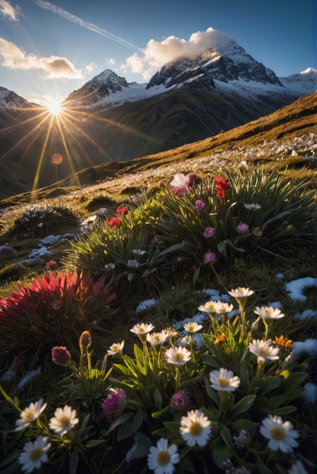 RAW Photography,Snow-capped mountains, flowers and moos, sunrise, sunrays, white clouds,lens flare, low wide angle,, (sharpness in detail:1.1), Canon EOS 5D Mark IV, masterpiece, 35mm photograph, (iconic photograph:1.4), (visual storytelling:1.2), film grain, award winning photography,vibrant use of light and shadow, vivid colors,high quality textures of materials, volumetric textures  perfect composition, dynamic play of light, rich colors, epic shot, perfectly quality, natural textures,high detail, high sharpness, high clarity, detailed ,photoshadow,  intricate details, 8k