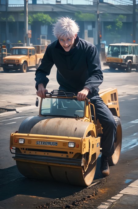 score_9, score_8_up, score_7_up, realistic, soft lighting,  <lora:Road roller:0.8> ground vehicle, motor vehicle, yellow vehicle,  car, vehicle focus, outdoors, , truck, wheel, , male focus, 1boy<lora:GojoXLv5:0.75> 1boy, white hair, short hair, satorugojo, black jacket, high collar, long sleeves, blue eyes, laughing